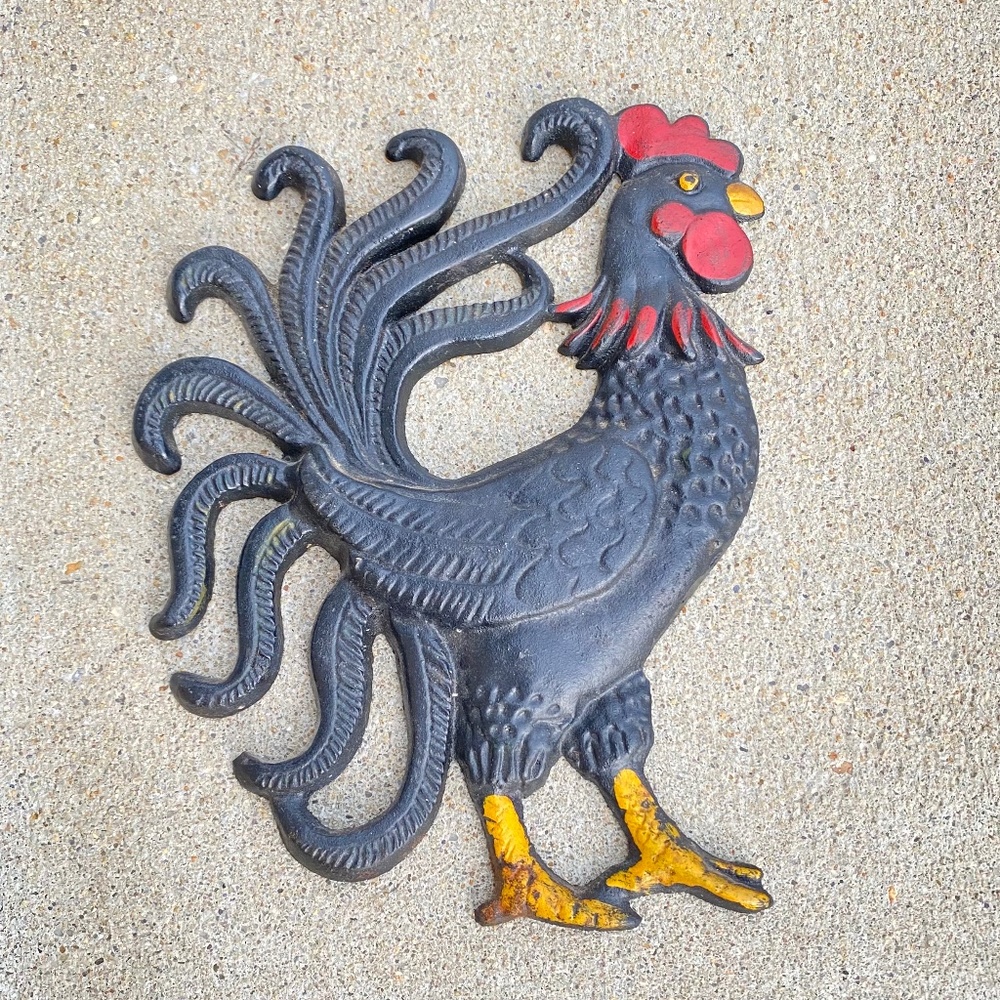 Vintage Cast Iron Crowing Rooster - Black w/Red and Gold Accents